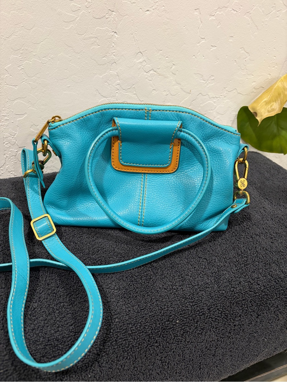 HOBO Turquoise Leather Crossbody Bag with Tan Accent